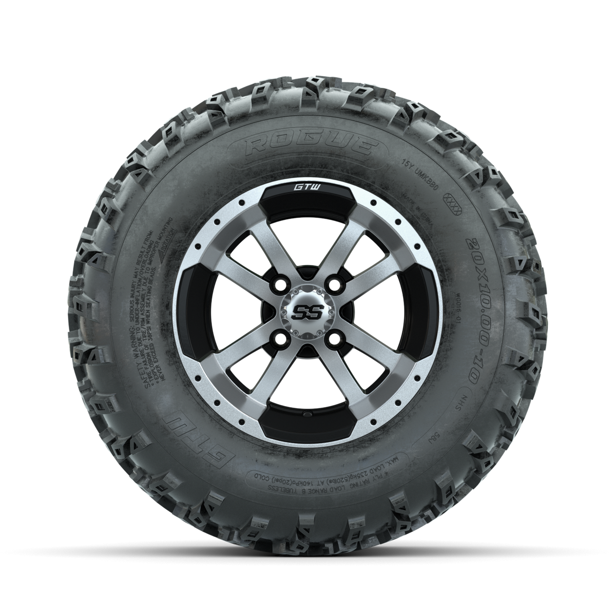GTW Storm Trooper Machined/Black 10 in Wheels with 20x10.00-10 Rogue All Terrain Tires Full Set
