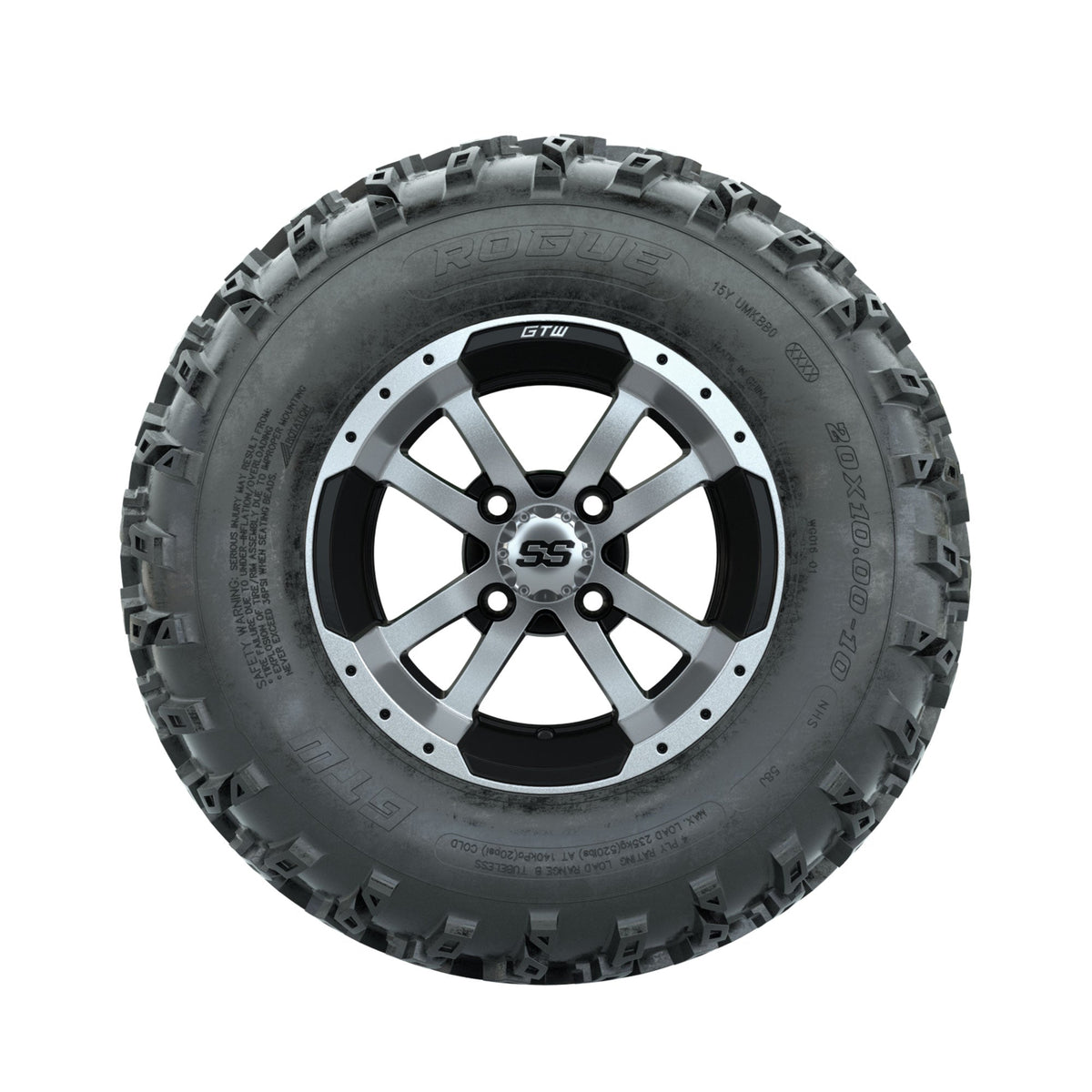 GTW Storm Trooper Machined/Black 10 in Wheels with 20x10.00-10 Rogue All Terrain Tires Full Set