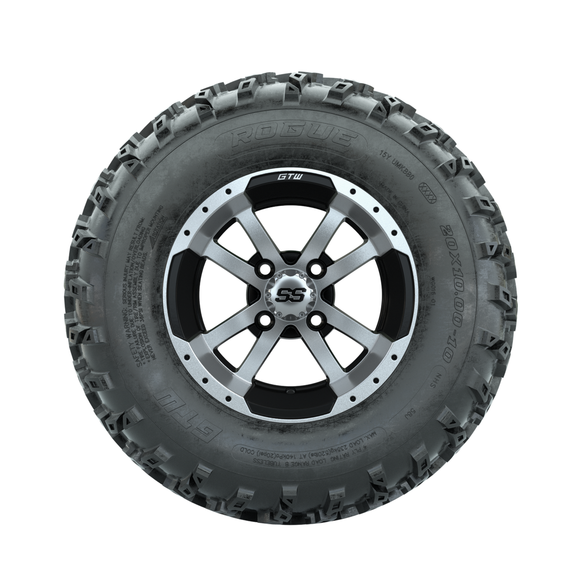 GTW Storm Trooper Machined/Black 10 in Wheels with 20x10.00-10 Rogue All Terrain Tires Full Set