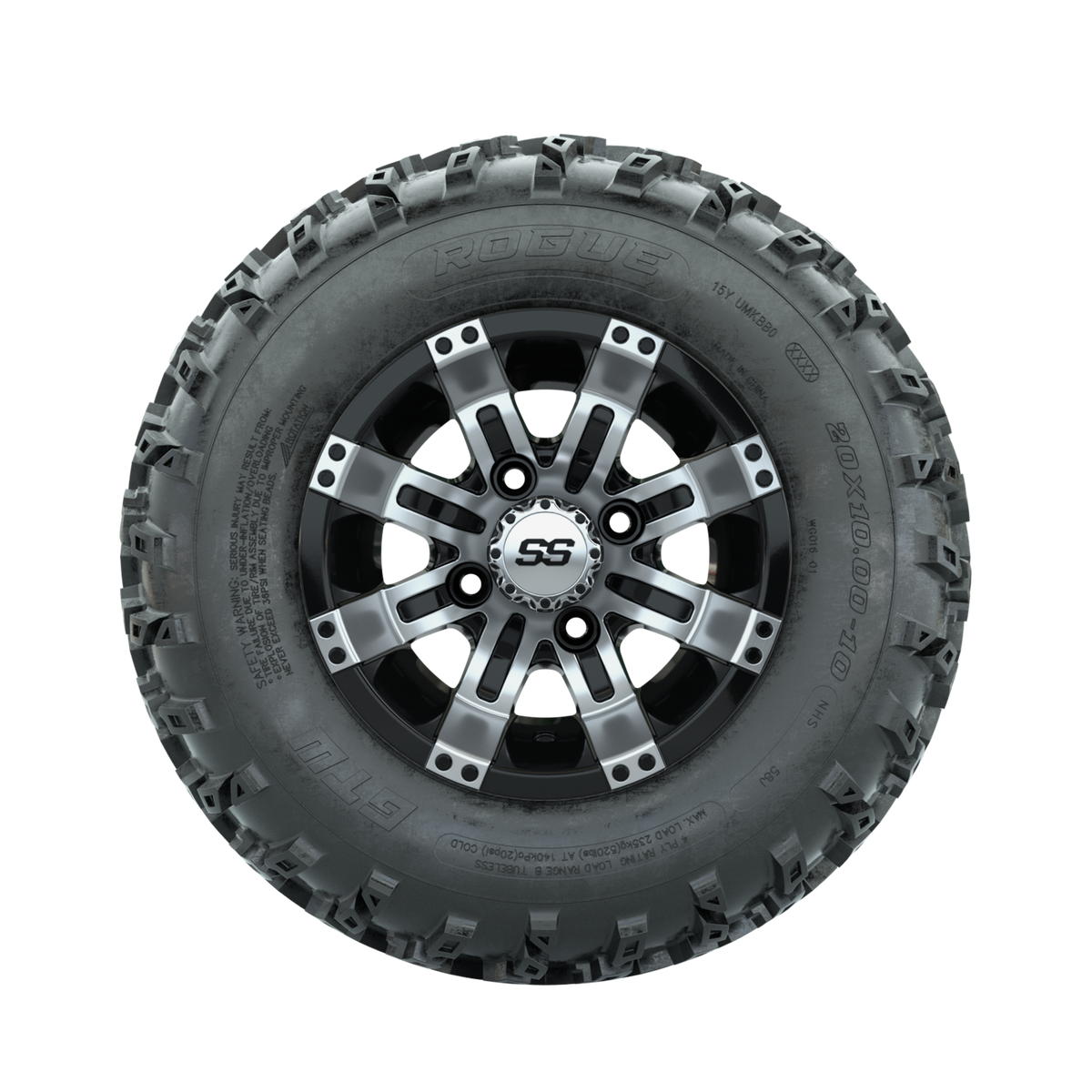 GTW Tempest Machined/Black 10 in Wheels with 20x10.00-10 Rogue All Terrain Tires Full Set