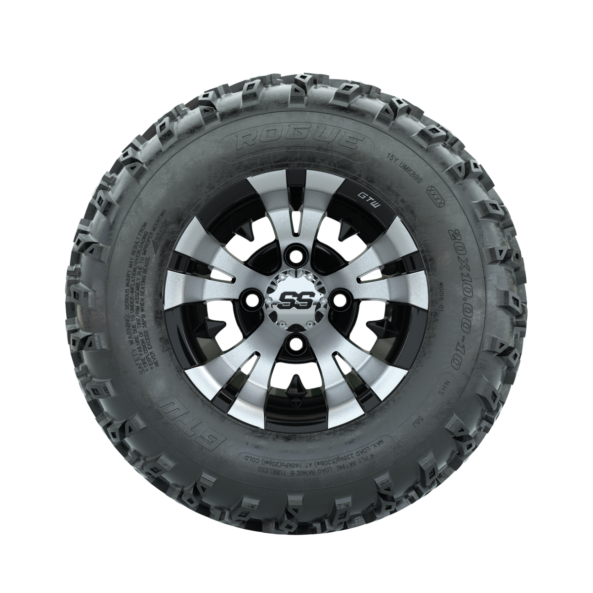 GTW Vampire Machined/Black 10 in Wheels with 20x10.00-10 Rogue All Terrain Tires Full Set