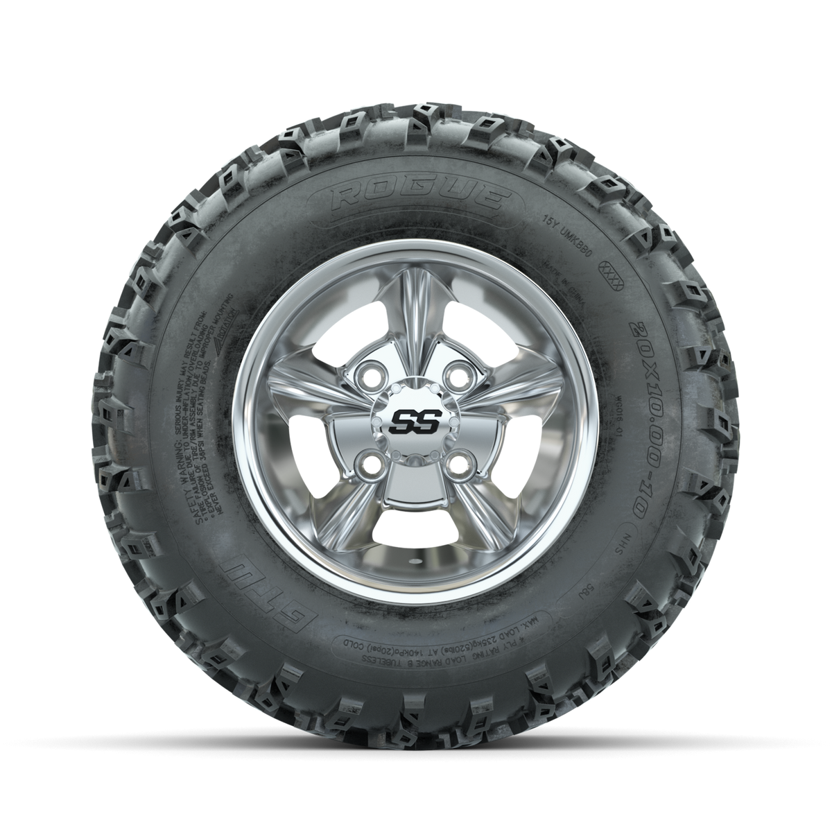 GTW Godfather Chrome 10 in Wheels with 20x10.00-10 Rogue All Terrain Tires Full Set