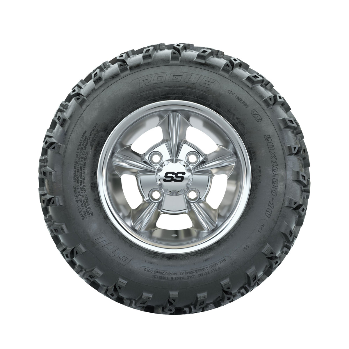 GTW Godfather Chrome 10 in Wheels with 20x10.00-10 Rogue All Terrain Tires Full Set