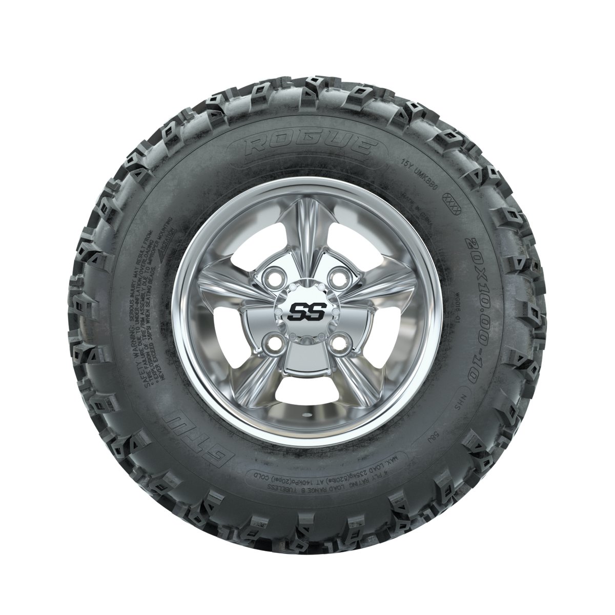 GTW Godfather Chrome 10 in Wheels with 20x10.00-10 Rogue All Terrain Tires Full Set