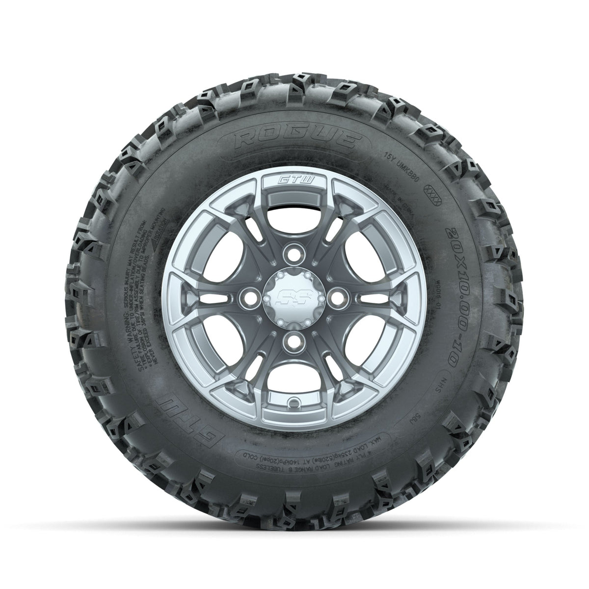 GTW Spyder Silver 10 in Wheels with 20x10.00-10 Rogue All Terrain Tires Full Set