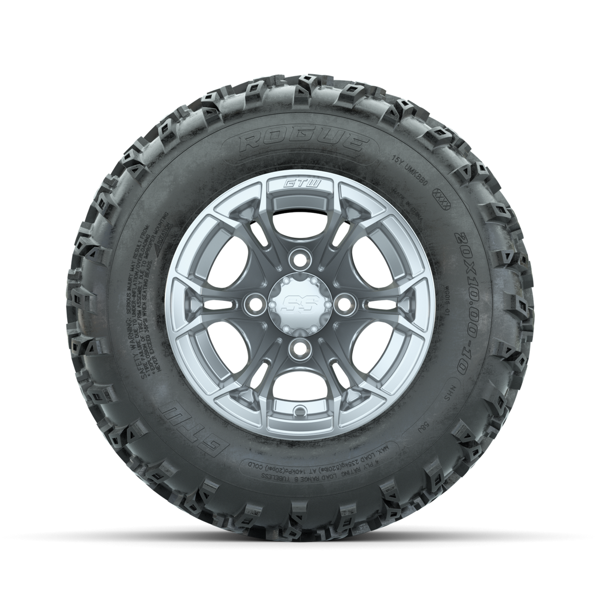 GTW Spyder Silver 10 in Wheels with 20x10.00-10 Rogue All Terrain Tires Full Set