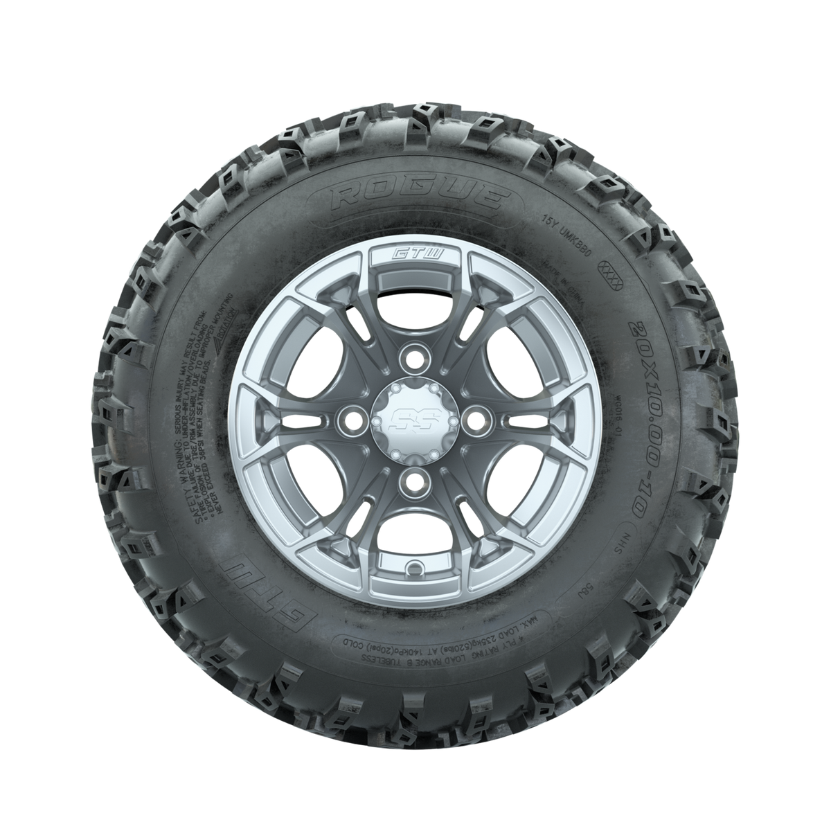GTW Spyder Silver 10 in Wheels with 20x10.00-10 Rogue All Terrain Tires Full Set