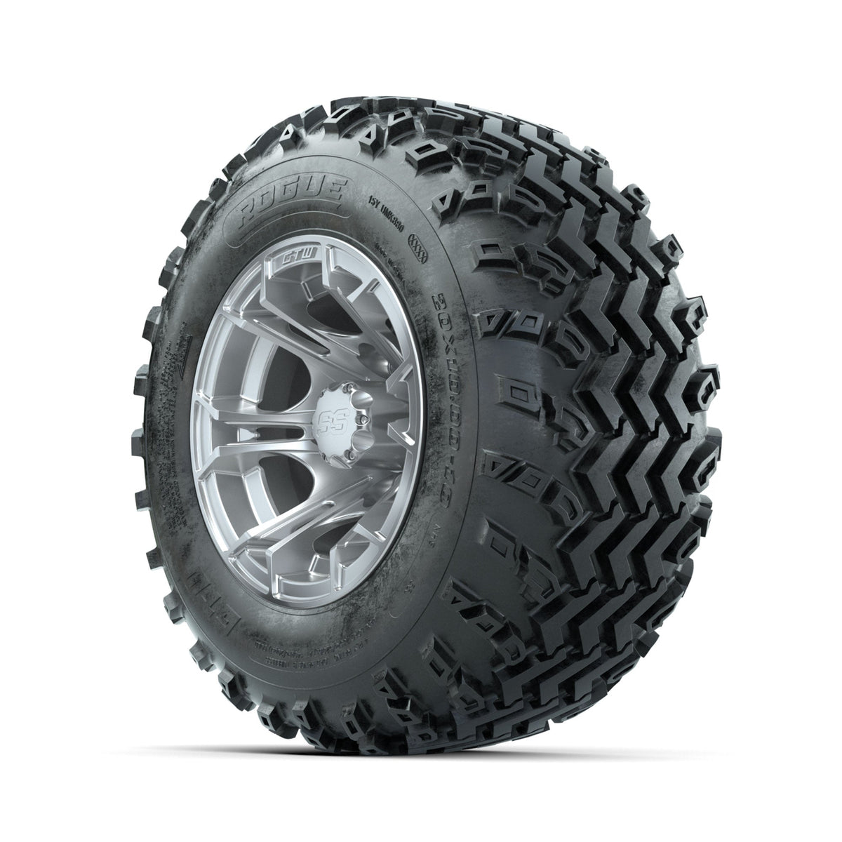 GTW Spyder Silver 10 in Wheels with 20x10.00-10 Rogue All Terrain Tires Full Set