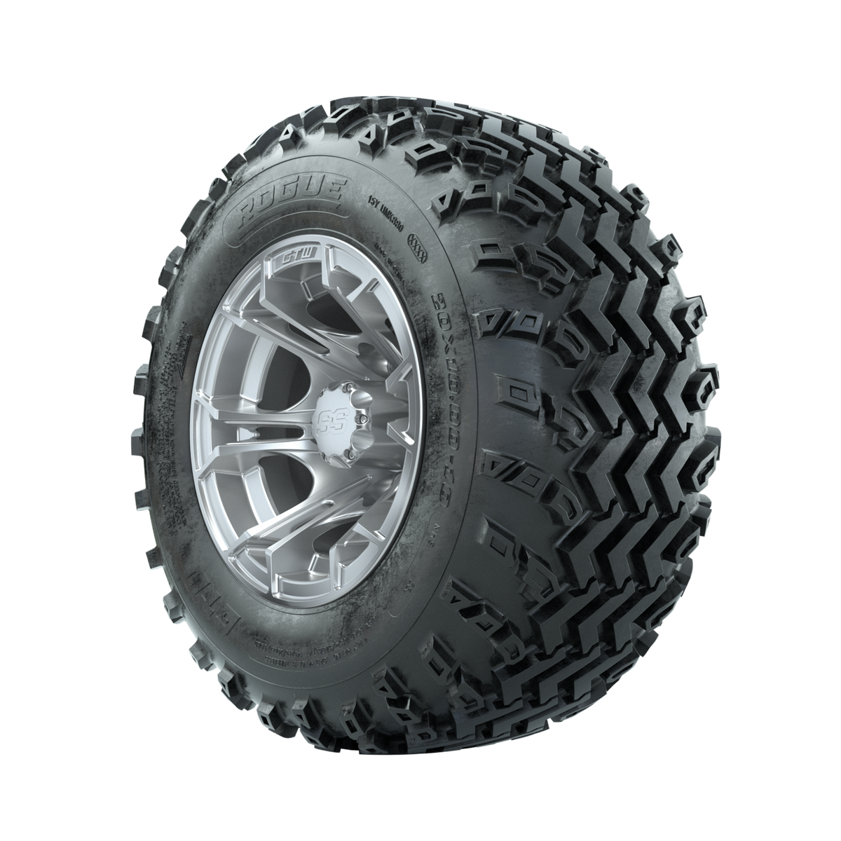 GTW Spyder Silver 10 in Wheels with 20x10.00-10 Rogue All Terrain Tires Full Set