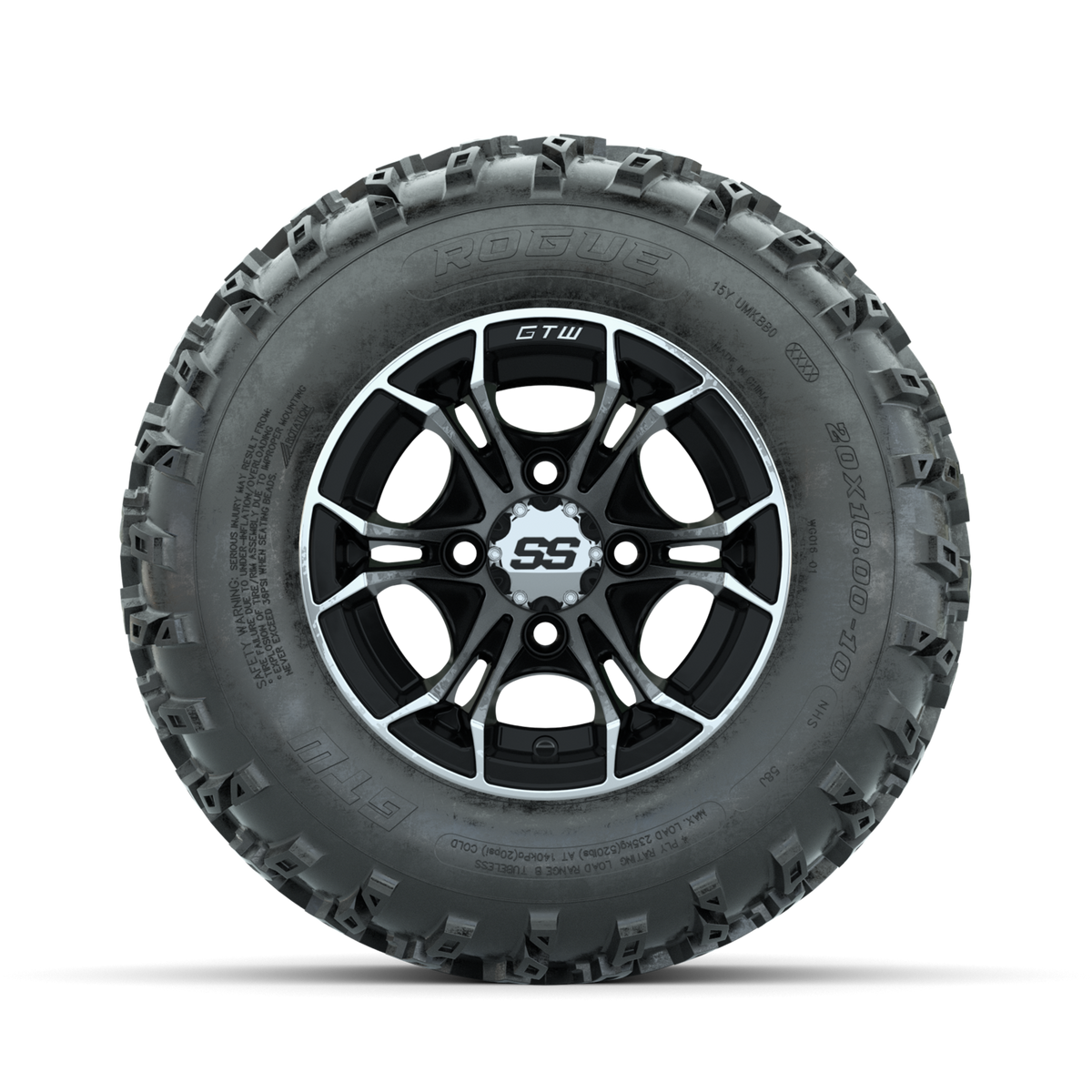 GTW Spyder Machined/Black 10 in Wheels with 20x10.00-10 Rogue All Terrain Tires  Full Set