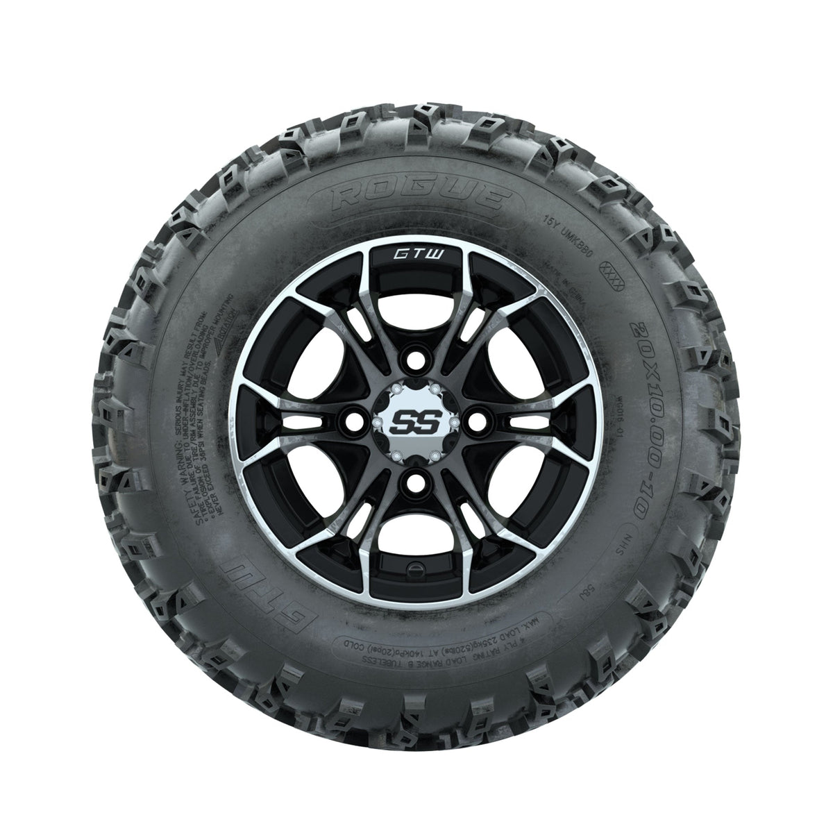 GTW Spyder Machined/Black 10 in Wheels with 20x10.00-10 Rogue All Terrain Tires  Full Set