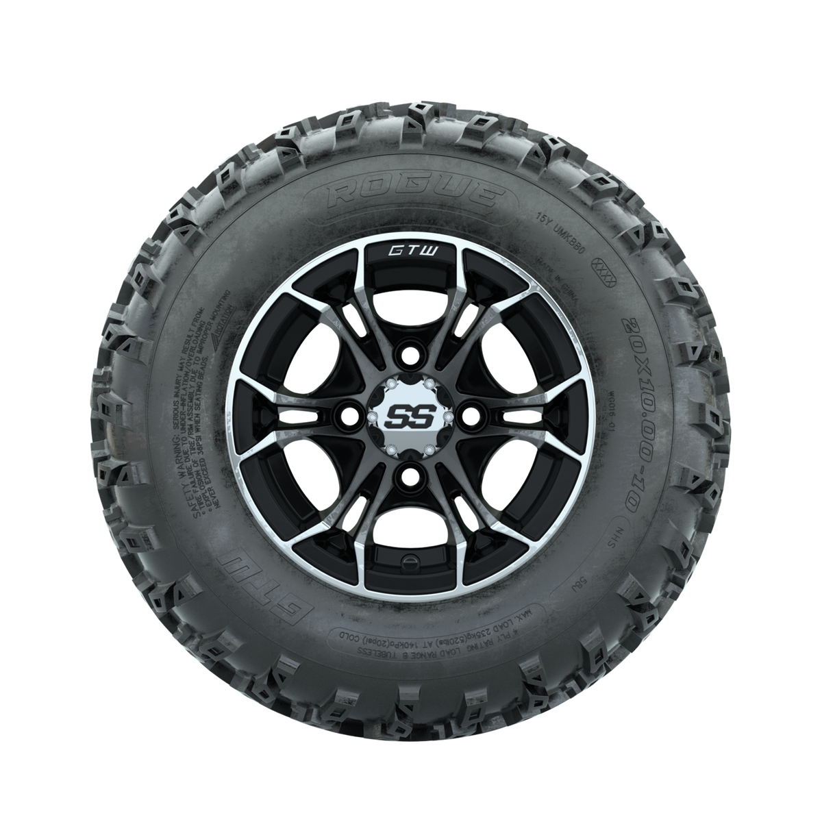 GTW Spyder Machined/Black 10 in Wheels with 20x10.00-10 Rogue All Terrain Tires  Full Set