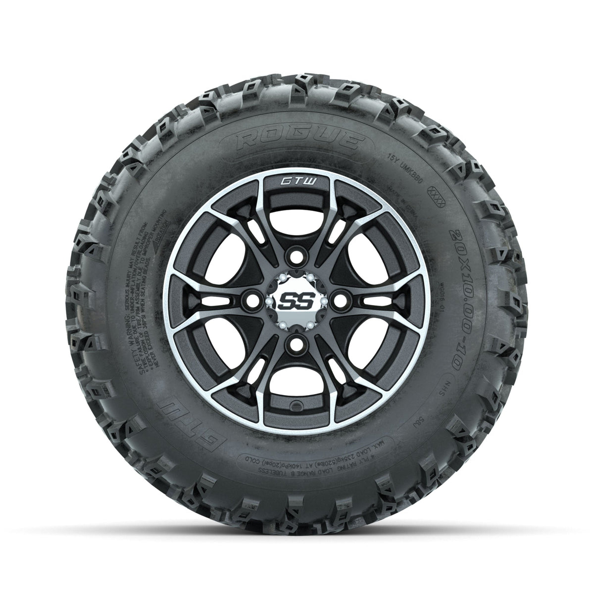 GTW Spyder Machined/Matte Grey 10 in Wheels with 20x10.00-10 Rogue All Terrain Tires Full Set