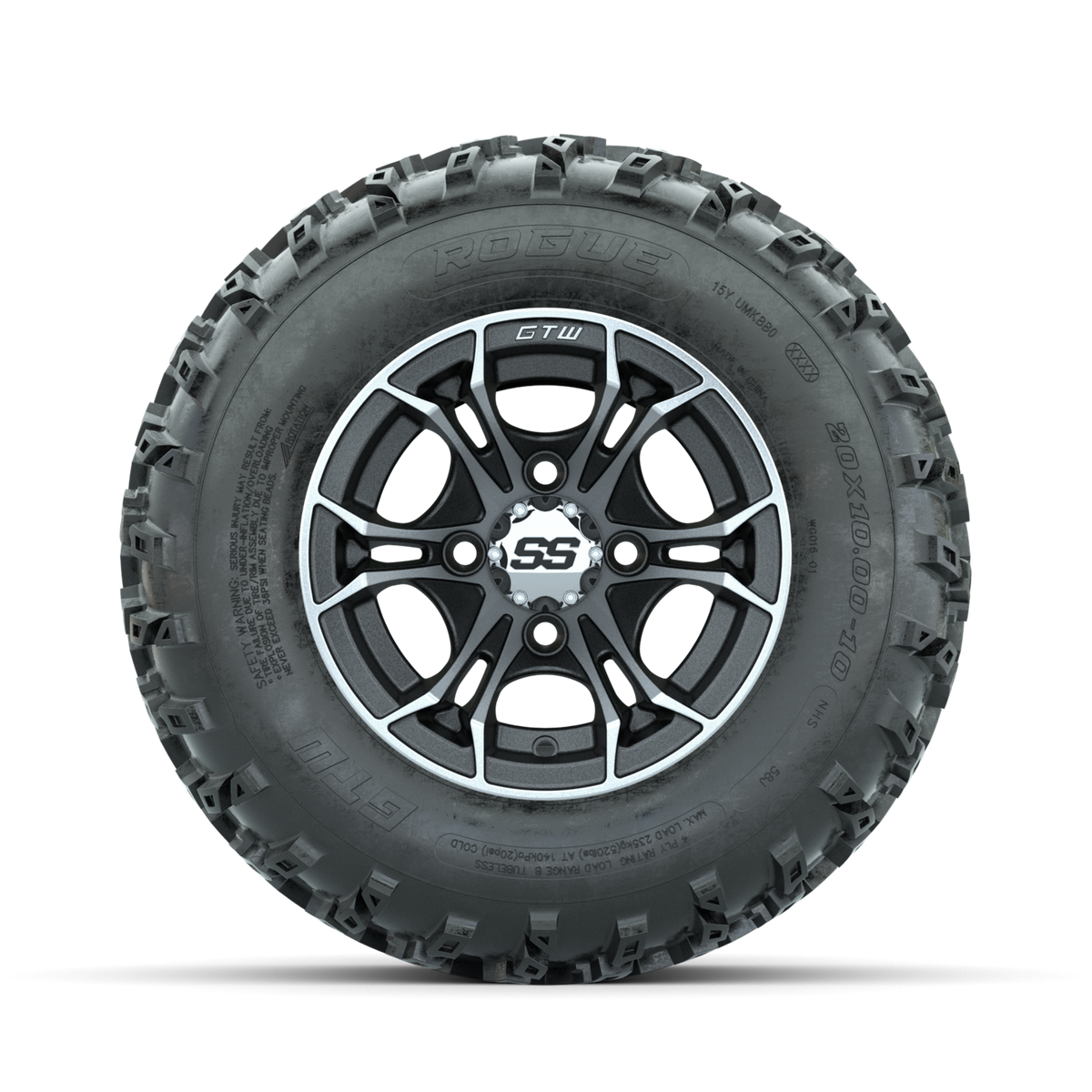 GTW Spyder Machined/Matte Grey 10 in Wheels with 20x10.00-10 Rogue All Terrain Tires Full Set