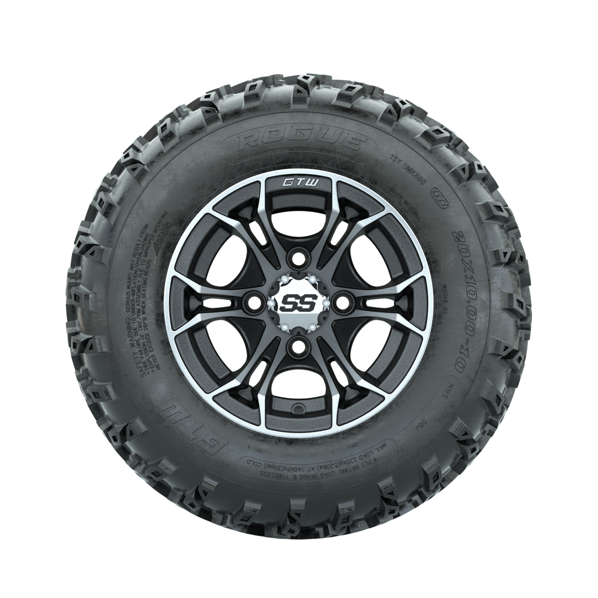 GTW Spyder Machined/Matte Grey 10 in Wheels with 20x10.00-10 Rogue All Terrain Tires Full Set