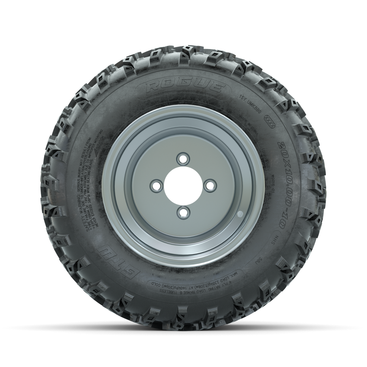 GTW Steel Silver 3:5 Offset 10 in Wheels with 20x10.00-10 Rogue All Terrain Tires Full Set
