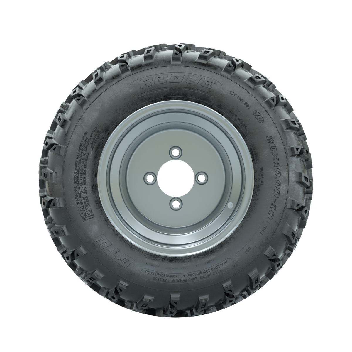 GTW Steel Silver 3:5 Offset 10 in Wheels with 20x10.00-10 Rogue All Terrain Tires Full Set