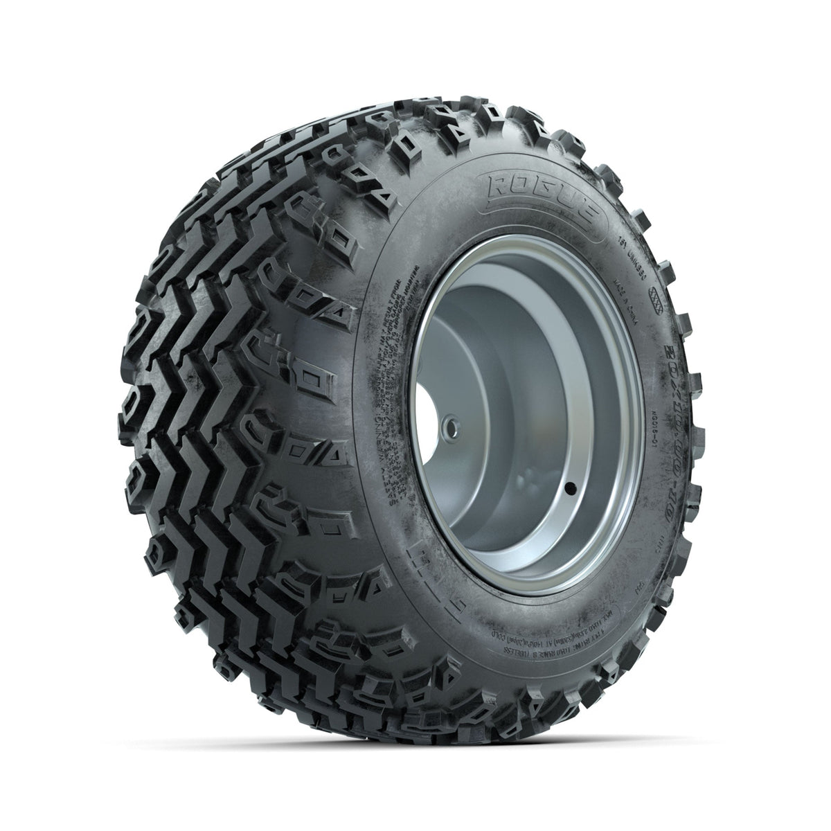 GTW Steel Silver 3:5 Offset 10 in Wheels with 20x10.00-10 Rogue All Terrain Tires Full Set