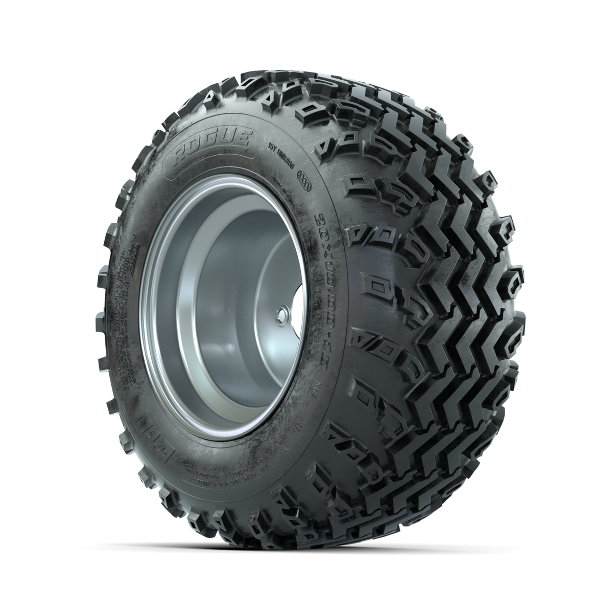 GTW Steel Silver 3:5 Offset 10 in Wheels with 20x10.00-10 Rogue All Terrain Tires Full Set