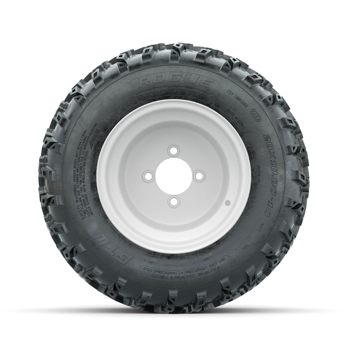 GTW Steel White 3:5 Offset 10 in Wheels with 20x10.00-10 Rogue All Terrain Tires Full Set