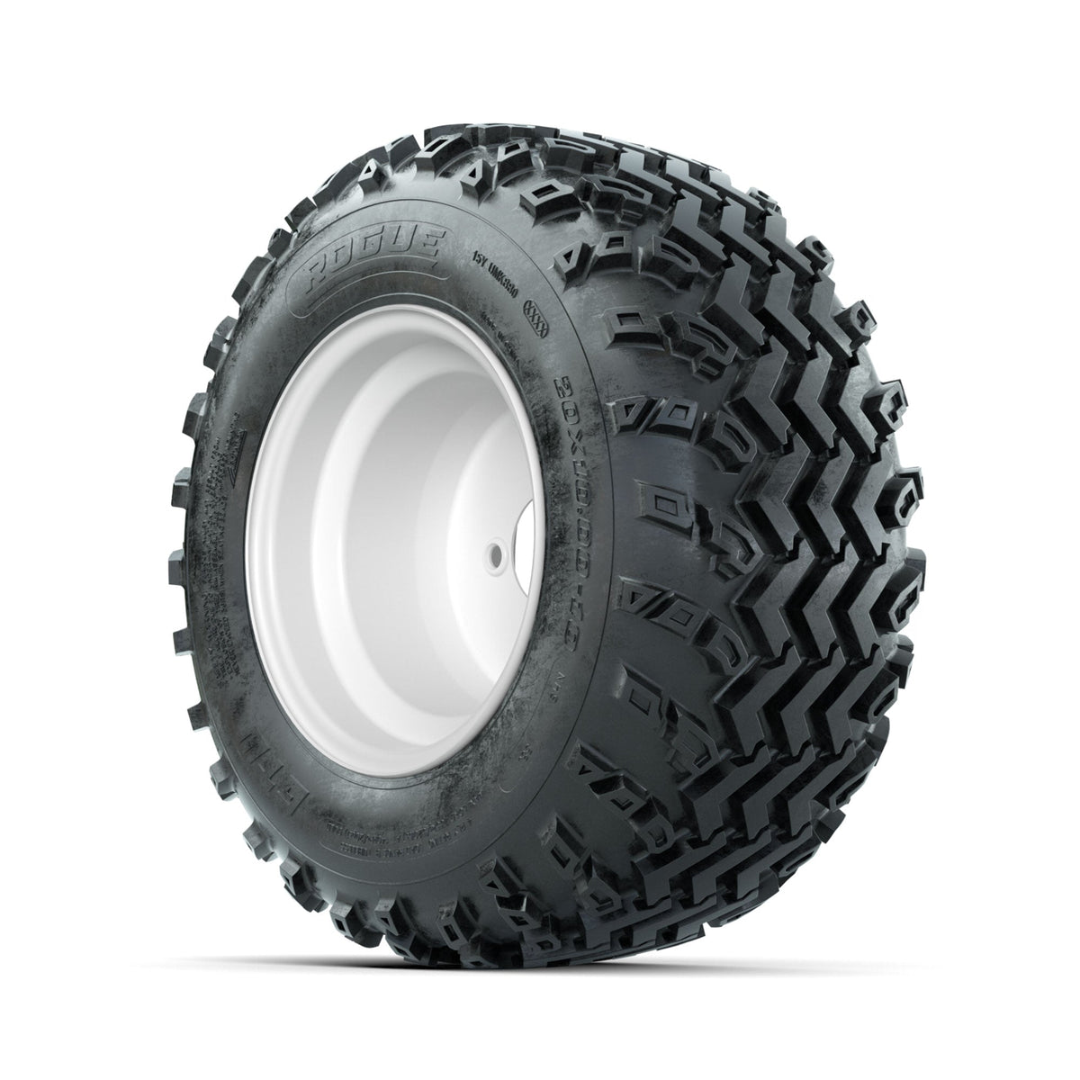 GTW Steel White 3:5 Offset 10 in Wheels with 20x10.00-10 Rogue All Terrain Tires Full Set