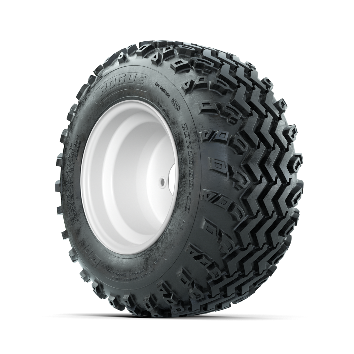 GTW Steel White 3:5 Offset 10 in Wheels with 20x10.00-10 Rogue All Terrain Tires Full Set