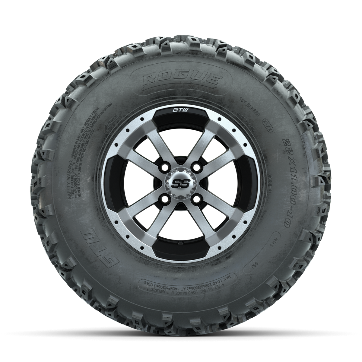 GTW Storm Trooper Machined/Black 10 in Wheels with 22x11.00-10 Rogue All Terrain Tires Full Set