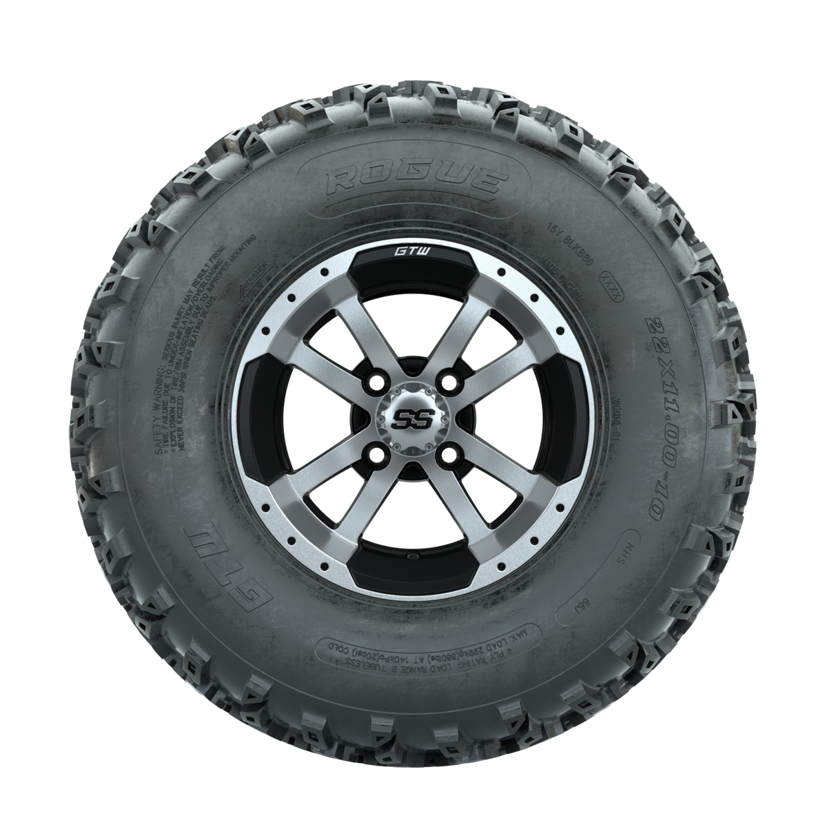 GTW Storm Trooper Machined/Black 10 in Wheels with 22x11.00-10 Rogue All Terrain Tires Full Set