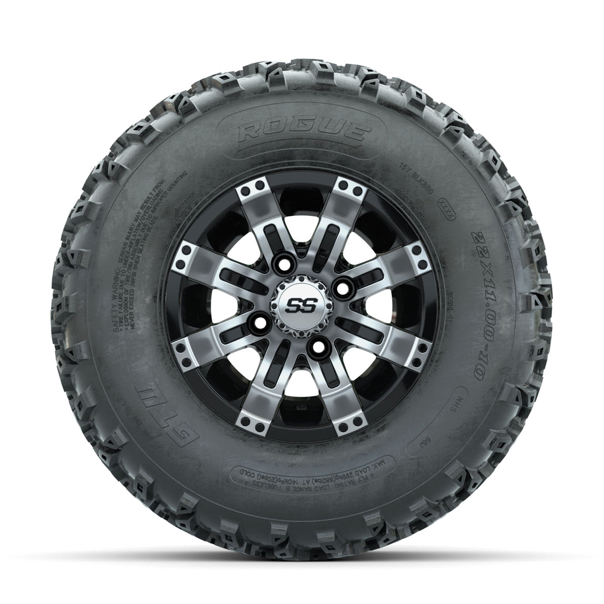 GTW Tempest Machined/Black 10 in Wheels with 22x11.00-10 Rogue All Terrain Tires Full Set