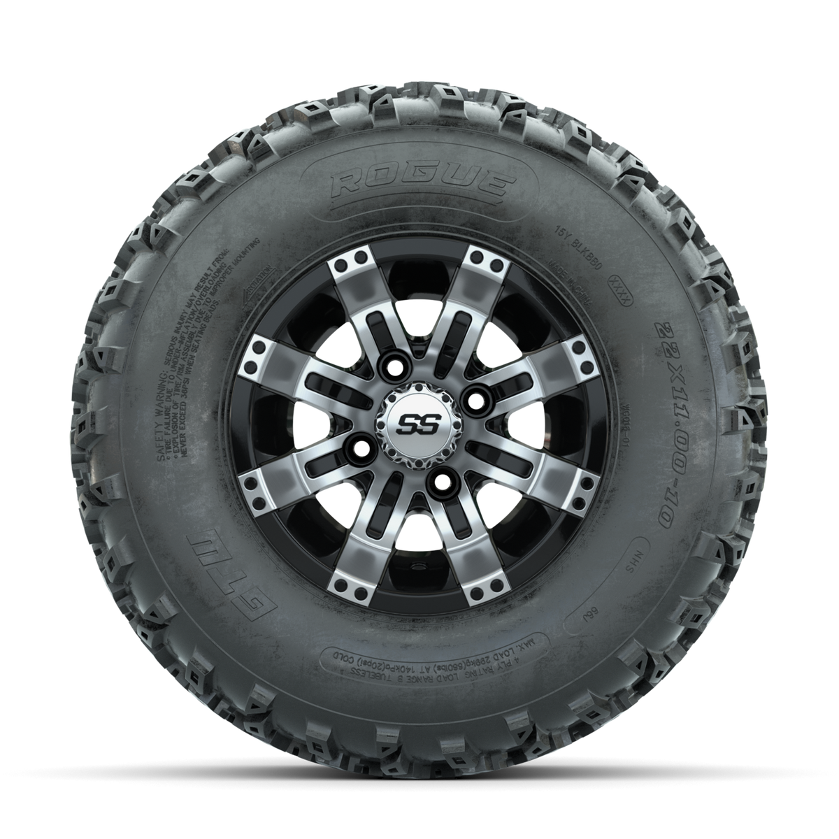 GTW Tempest Machined/Black 10 in Wheels with 22x11.00-10 Rogue All Terrain Tires Full Set