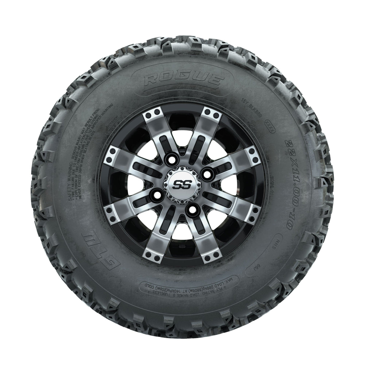GTW Tempest Machined/Black 10 in Wheels with 22x11.00-10 Rogue All Terrain Tires Full Set
