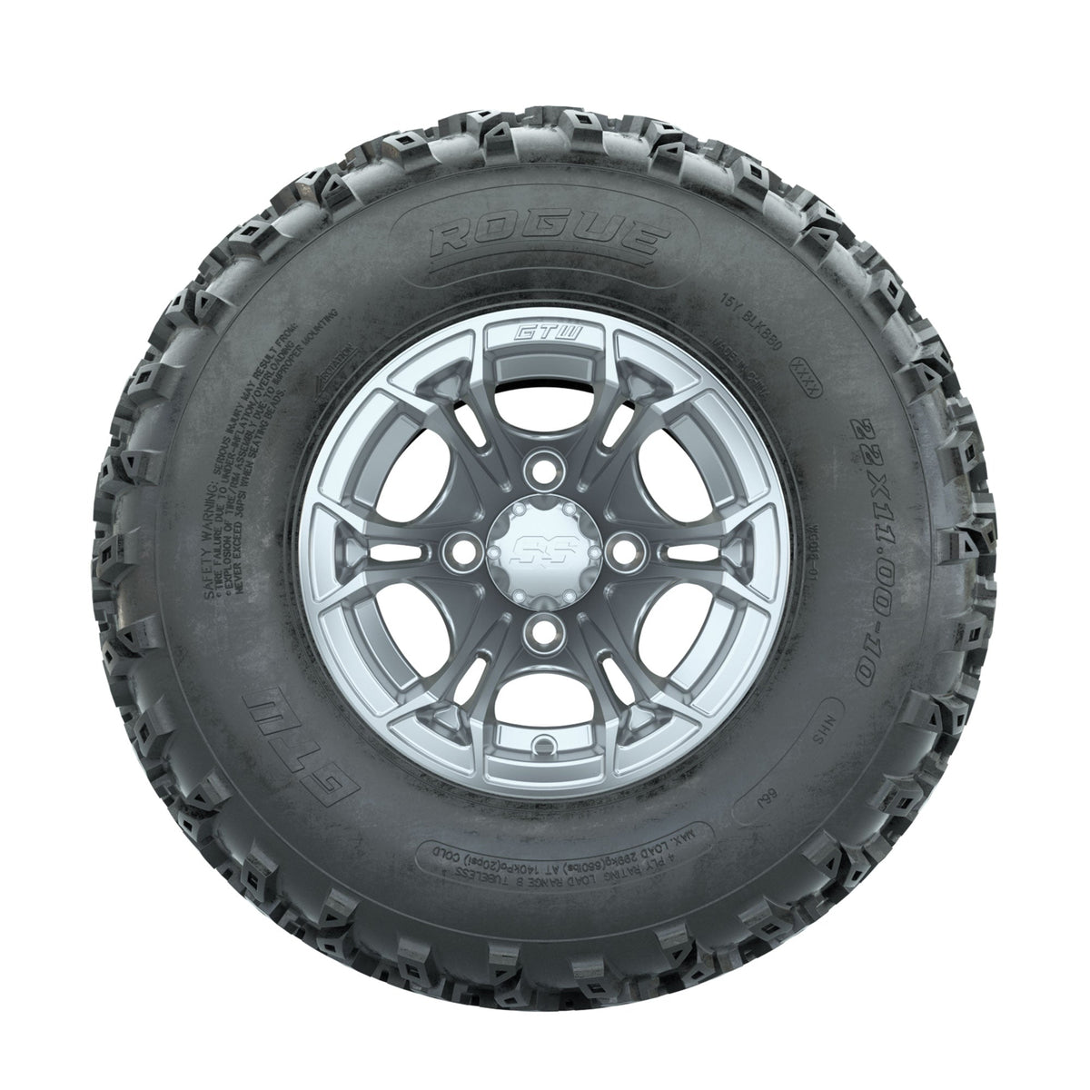 GTW Spyder Silver 10 in Wheels with 22x11.00-10 Rogue All Terrain Tires Full Set