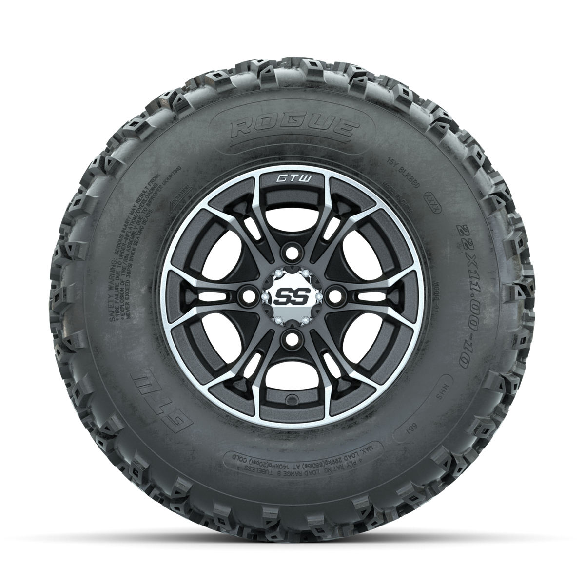 GTW Spyder Machined/Matte Grey 10 in Wheels with 22x11.00-10 Rogue All Terrain Tires Full Set
