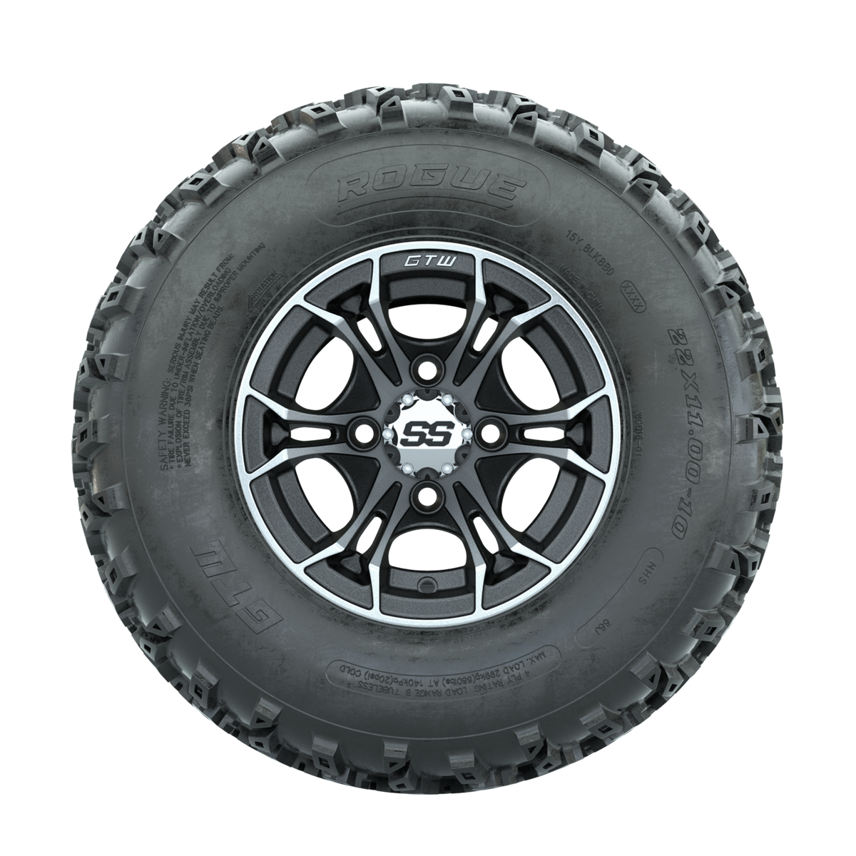 GTW Spyder Machined/Matte Grey 10 in Wheels with 22x11.00-10 Rogue All Terrain Tires Full Set