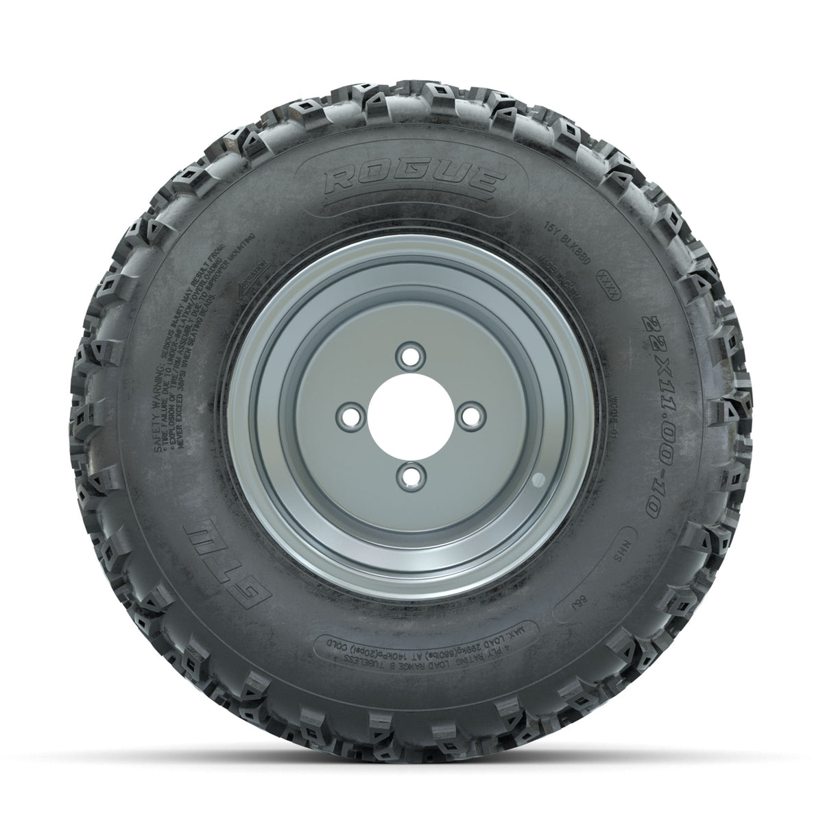 GTW Steel Silver 3:5 Offset 10 in Wheels with 22x11.00-10 Rogue All Terrain Tires Full Set