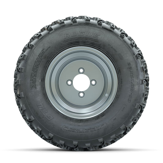 GTW Steel Silver 3:5 Offset 10 in Wheels with 22x11.00-10 Rogue All Terrain Tires Full Set