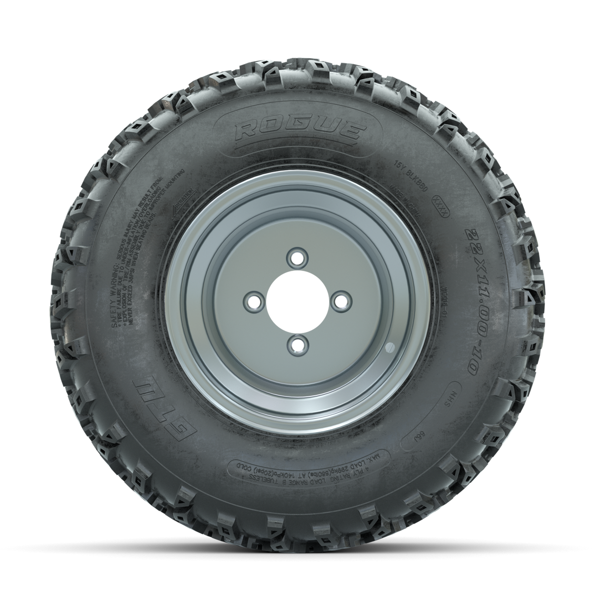 GTW Steel Silver 3:5 Offset 10 in Wheels with 22x11.00-10 Rogue All Terrain Tires Full Set
