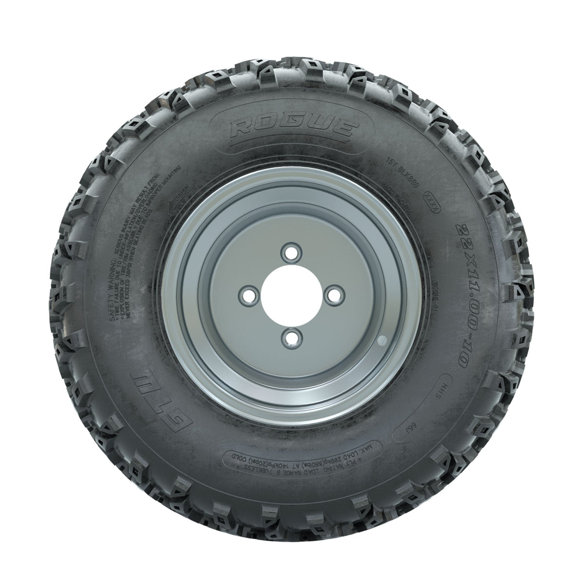 GTW Steel Silver 3:5 Offset 10 in Wheels with 22x11.00-10 Rogue All Terrain Tires Full Set