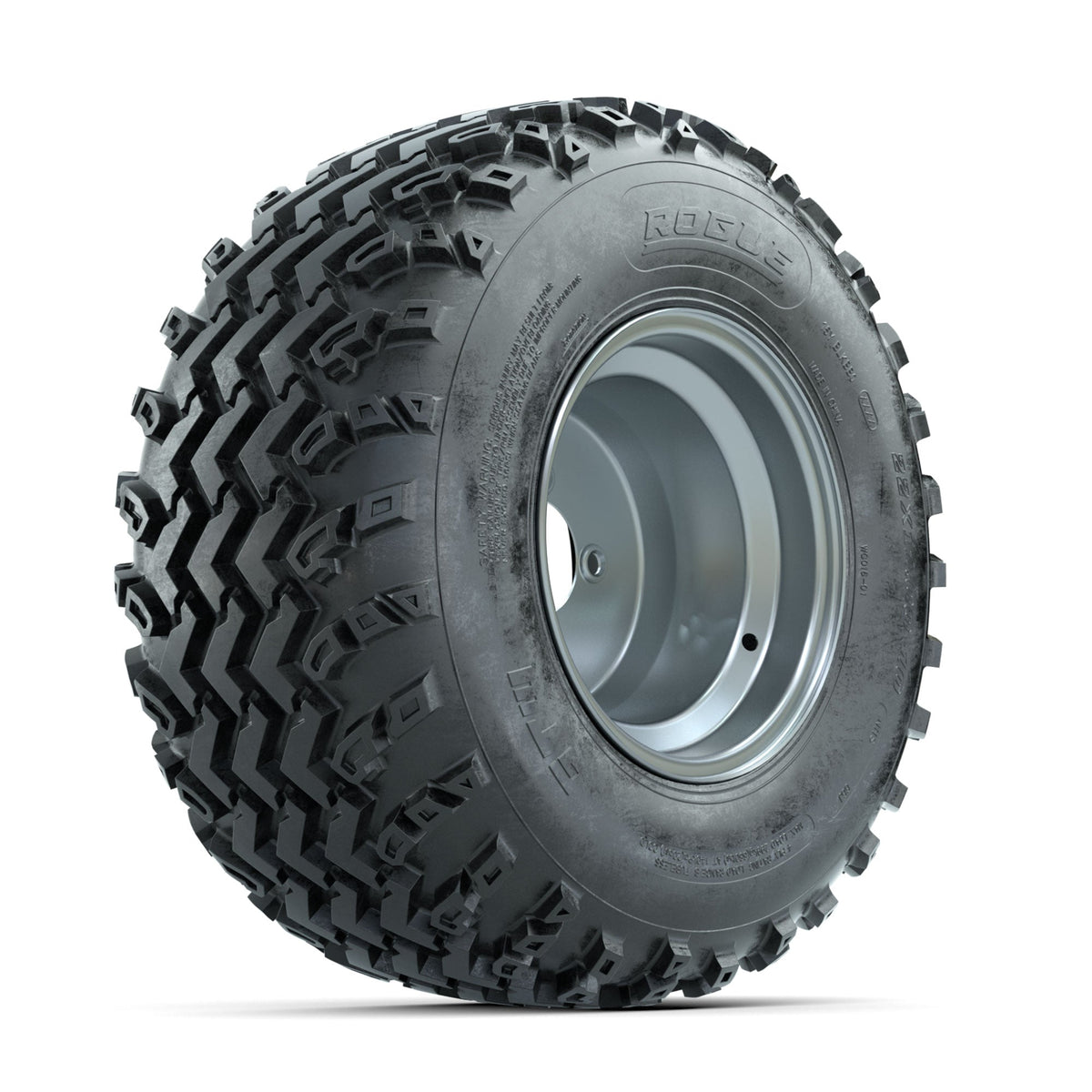 GTW Steel Silver 3:5 Offset 10 in Wheels with 22x11.00-10 Rogue All Terrain Tires Full Set