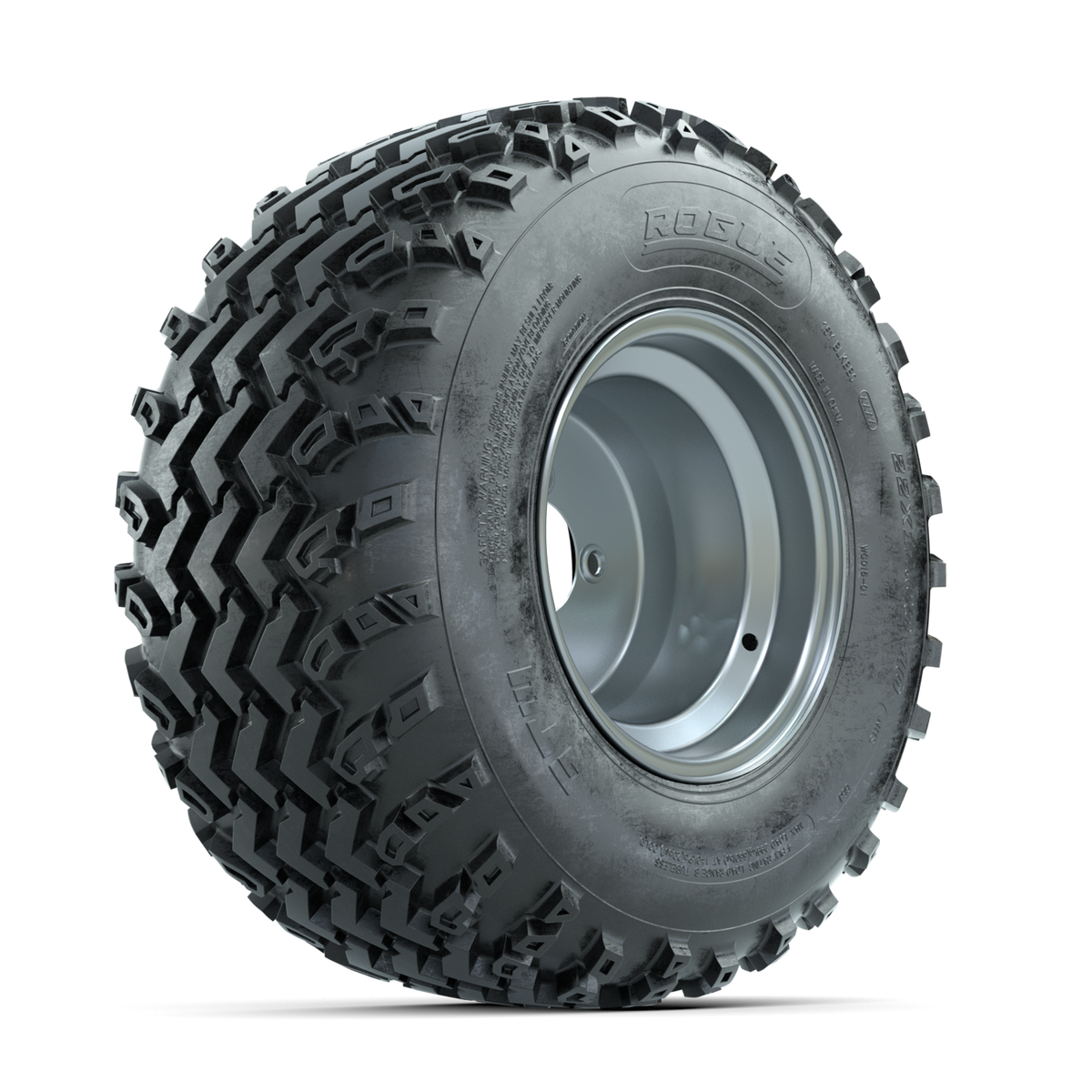 GTW Steel Silver 3:5 Offset 10 in Wheels with 22x11.00-10 Rogue All Terrain Tires Full Set