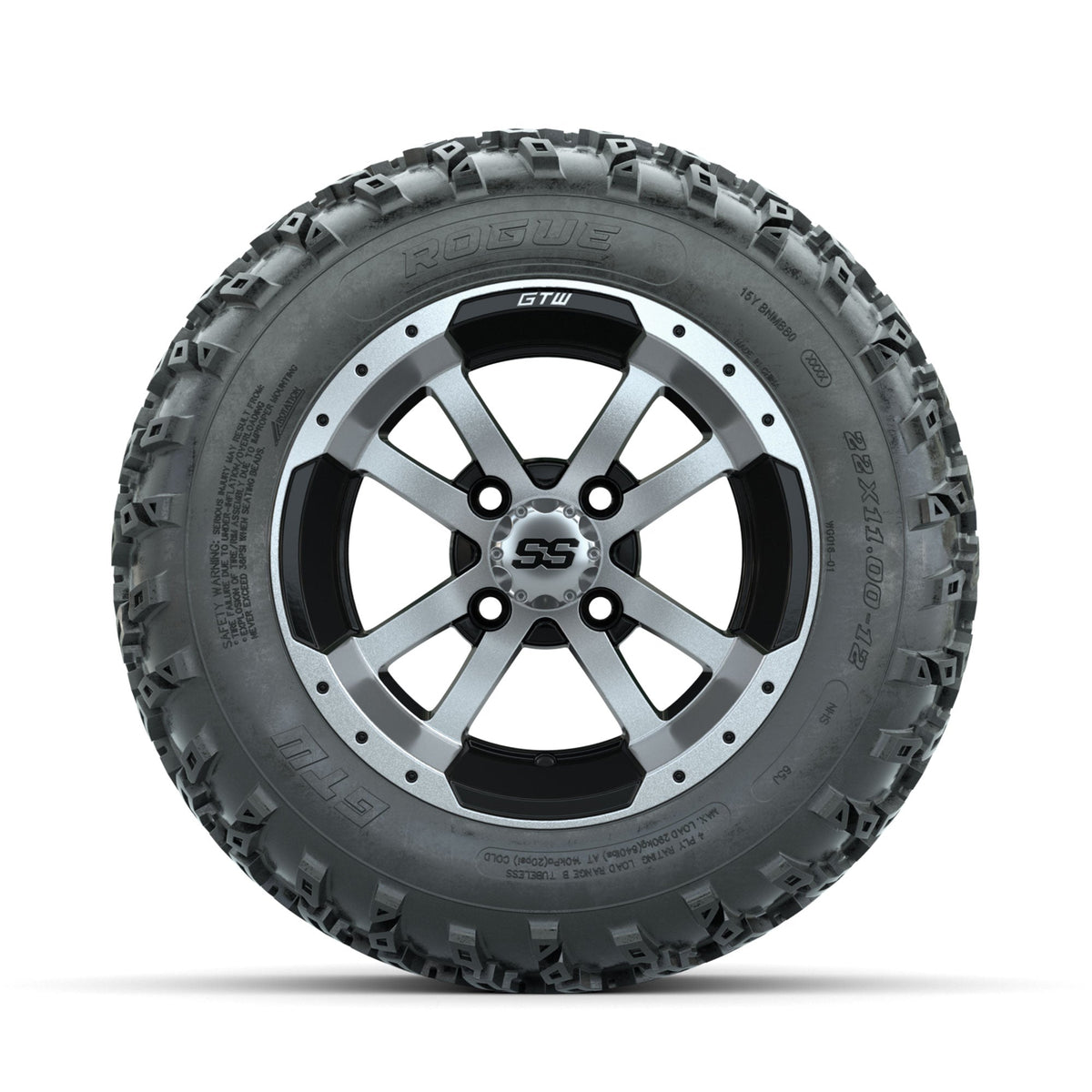 GTW Storm Trooper Machined/Black 12" Wheels with 22x11.00-12 Rogue All Terrain Tires Full Set
