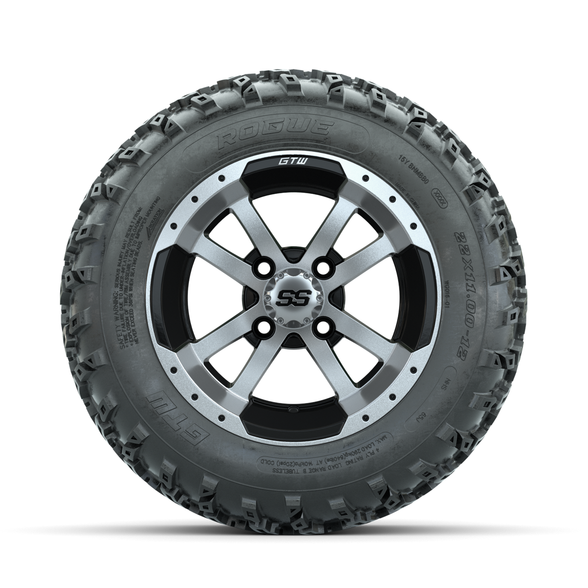 GTW Storm Trooper Machined/Black 12" Wheels with 22x11.00-12 Rogue All Terrain Tires Full Set