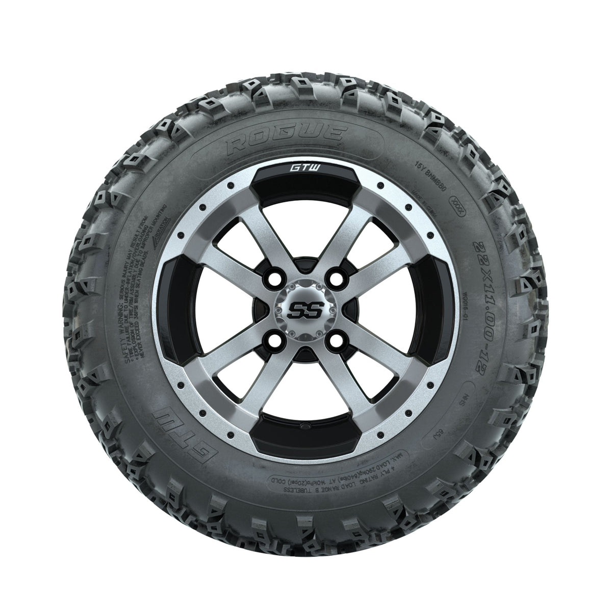 GTW Storm Trooper Machined/Black 12" Wheels with 22x11.00-12 Rogue All Terrain Tires Full Set