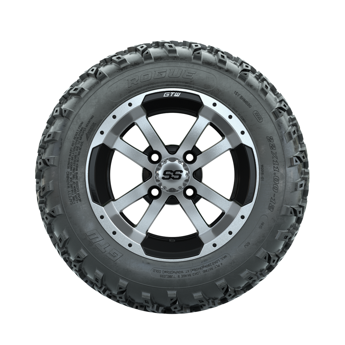 GTW Storm Trooper Machined/Black 12" Wheels with 22x11.00-12 Rogue All Terrain Tires Full Set