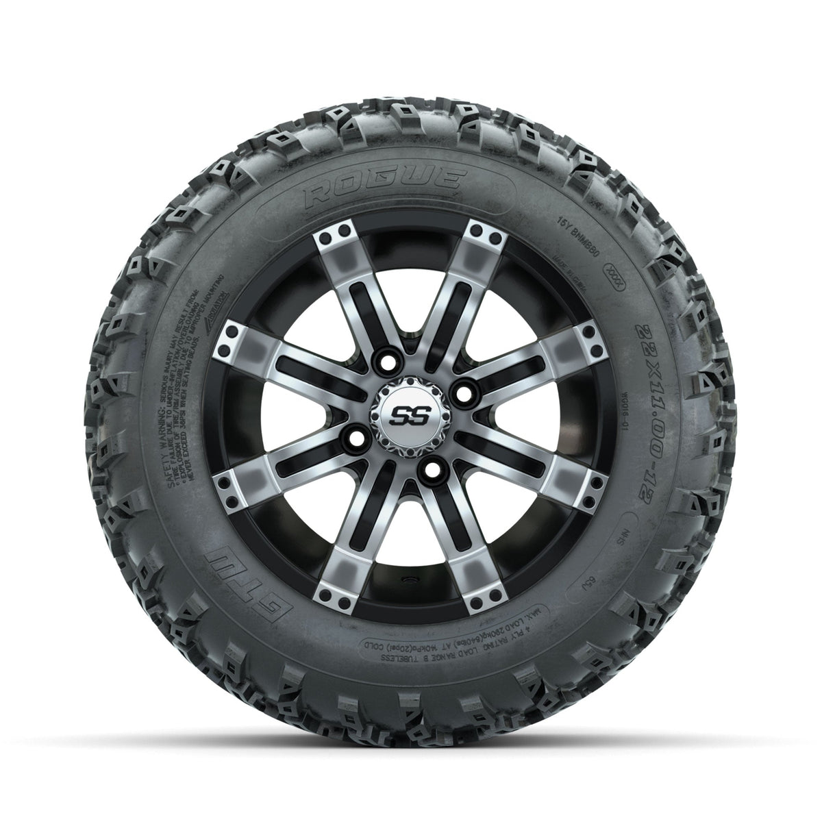 GTW Tempest Machined/Black 12" Wheels with 22x11.00-12 Rogue All Terrain Tires Full Set