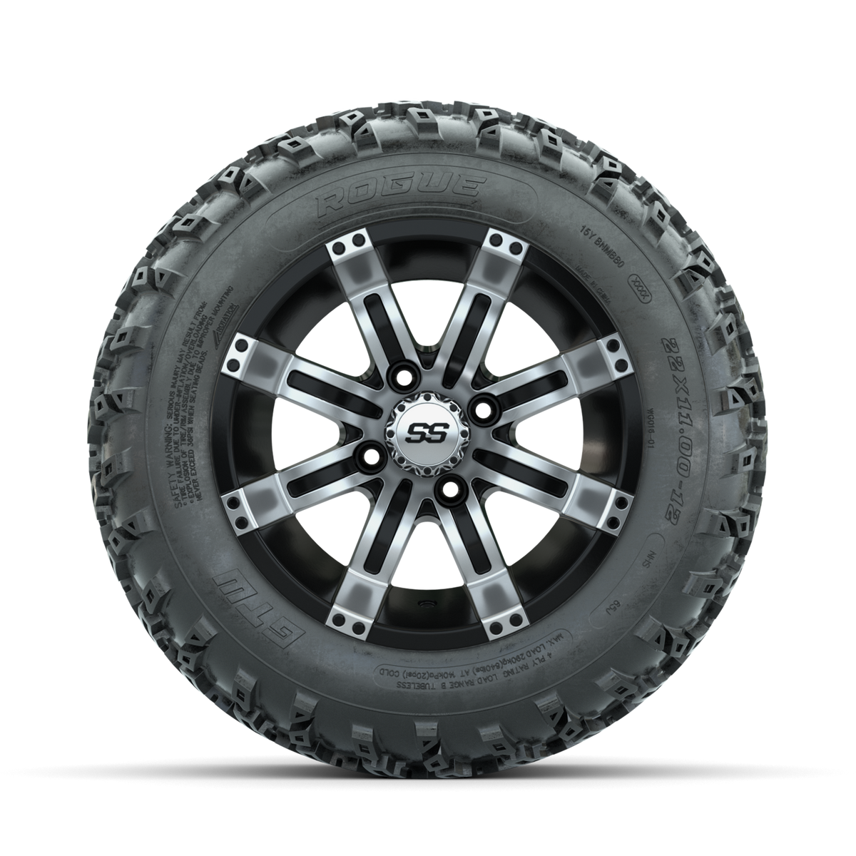GTW Tempest Machined/Black 12" Wheels with 22x11.00-12 Rogue All Terrain Tires Full Set