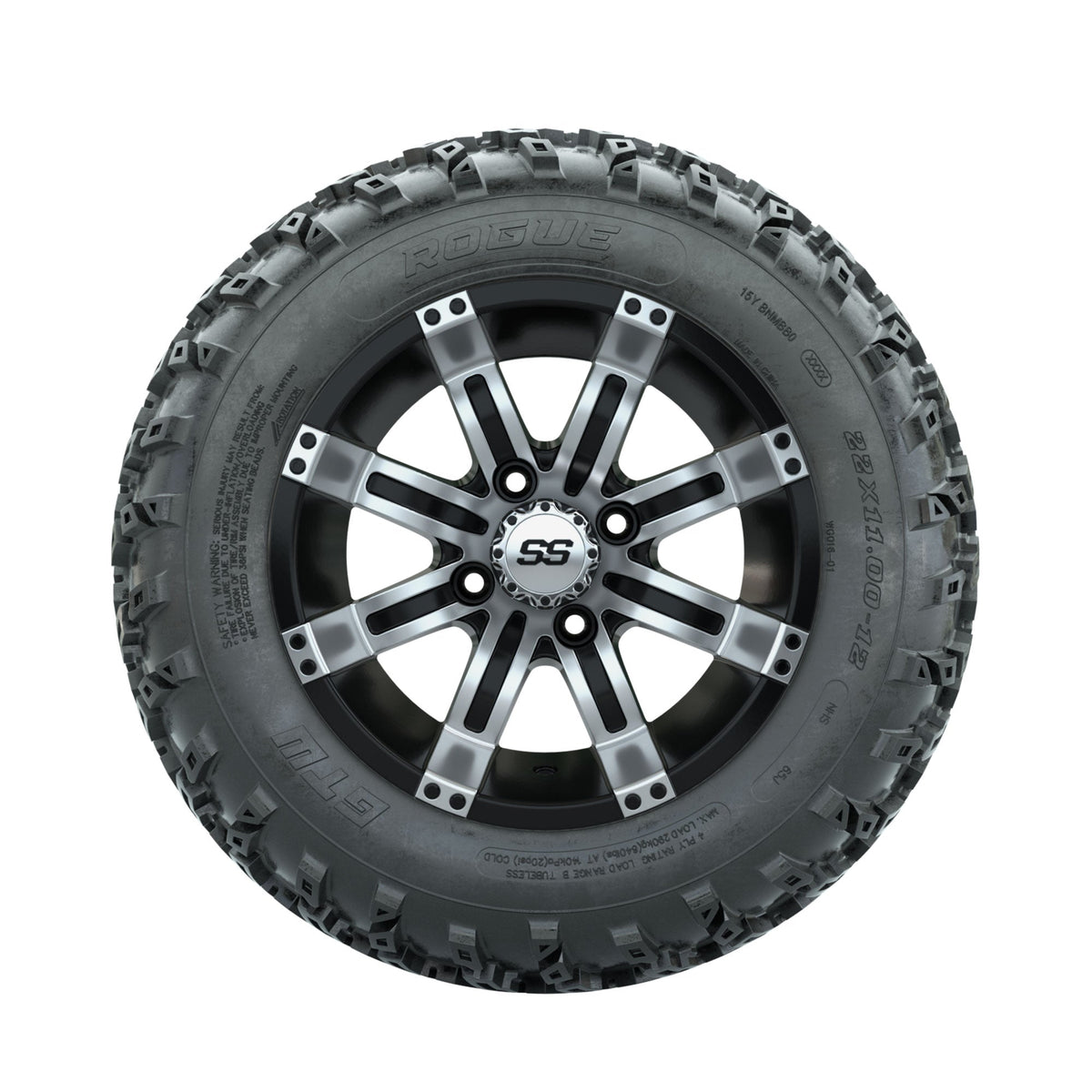 GTW Tempest Machined/Black 12" Wheels with 22x11.00-12 Rogue All Terrain Tires Full Set