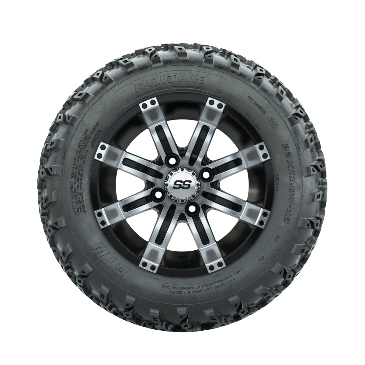 GTW Tempest Machined/Black 12" Wheels with 22x11.00-12 Rogue All Terrain Tires Full Set