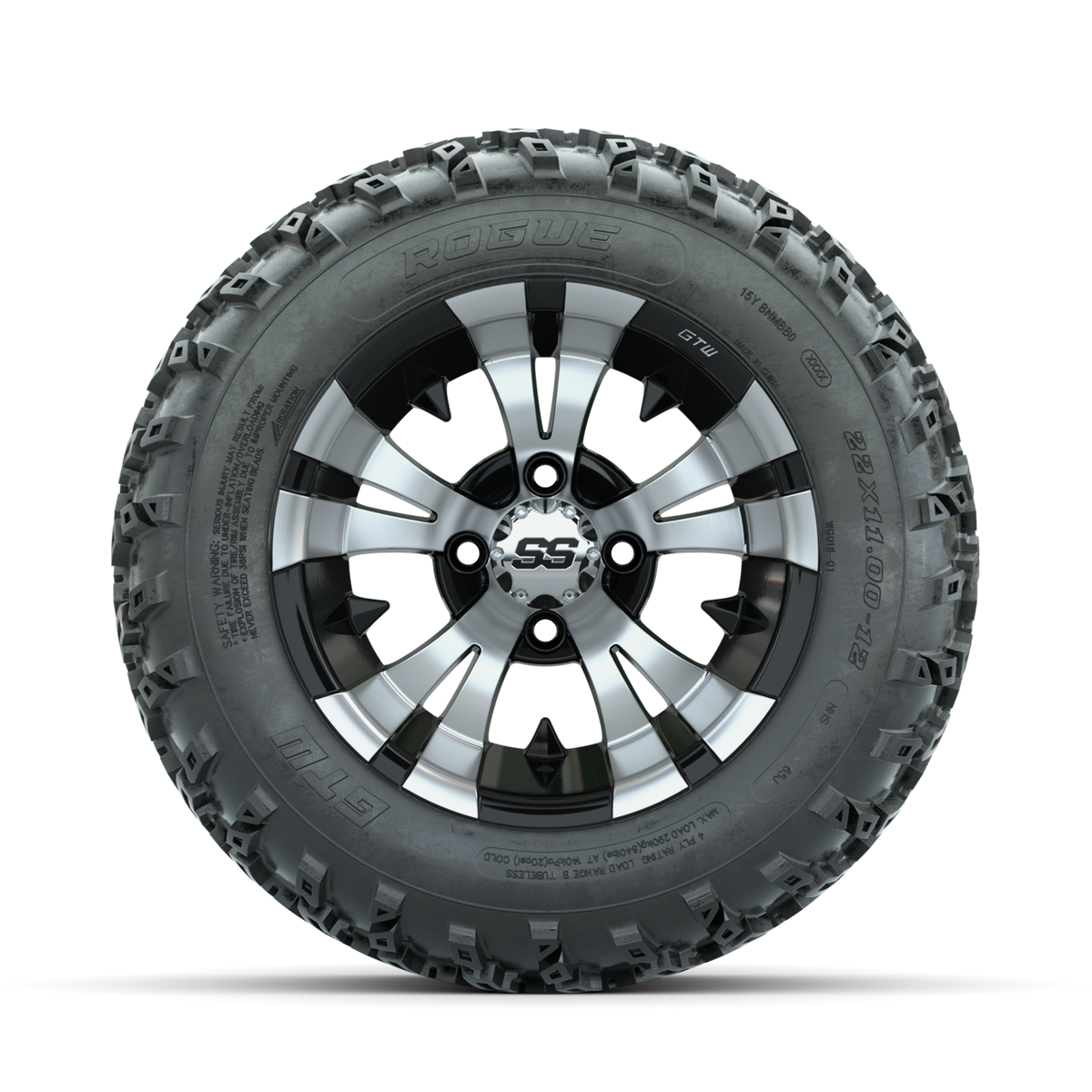 GTW Vampire Machined/Black 12" Wheels with 22x11.00-12 Rogue All Terrain Tires Full Set