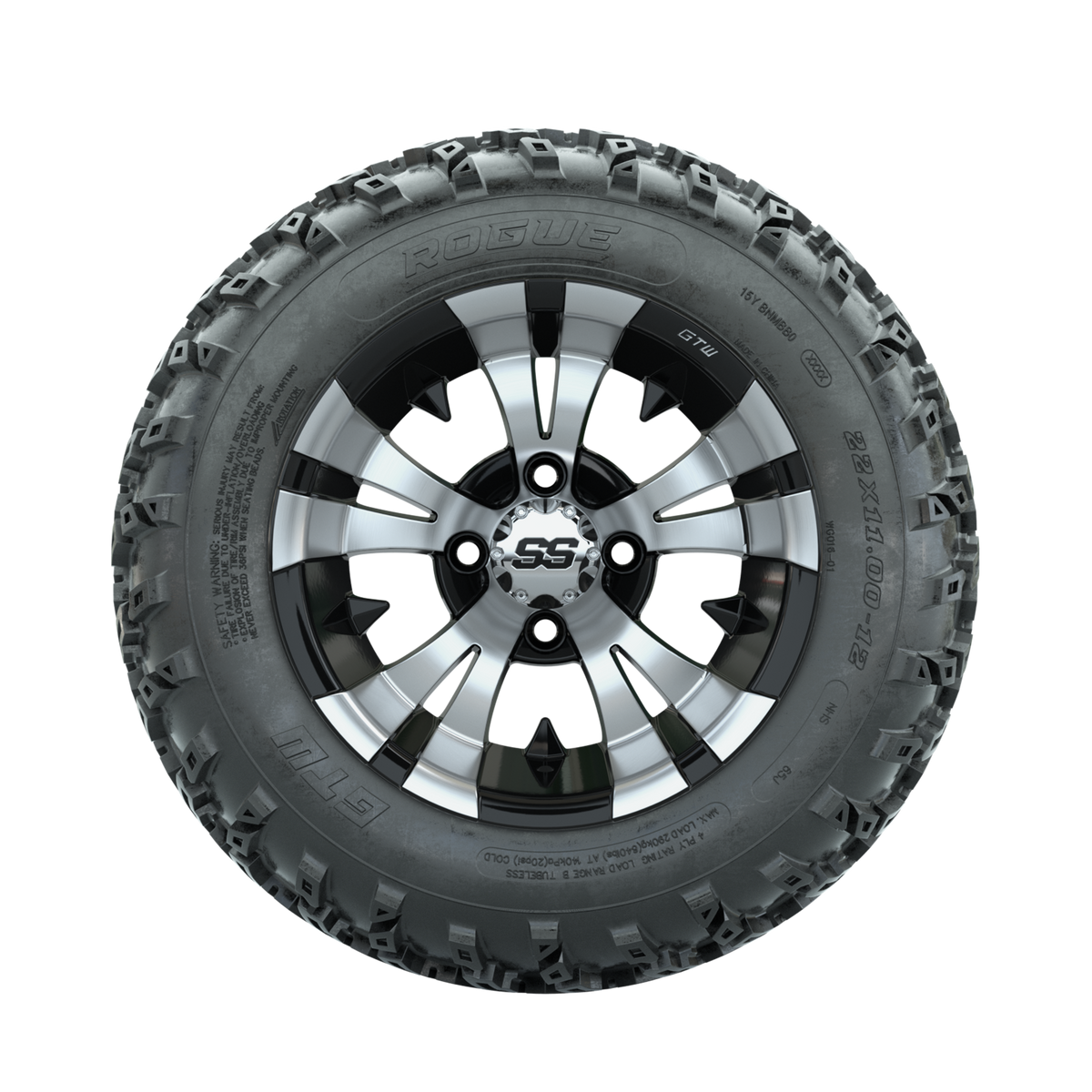 GTW Vampire Machined/Black 12" Wheels with 22x11.00-12 Rogue All Terrain Tires Full Set